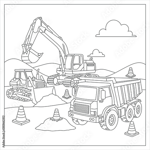 Line art illustration of an excavator working at a construction site