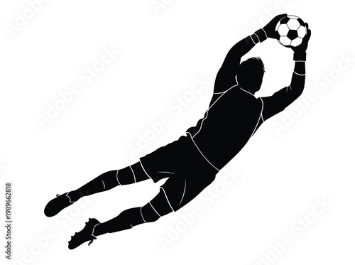 Silhouette of a soccer goalkeeper jumping to catch a ball vector illustration