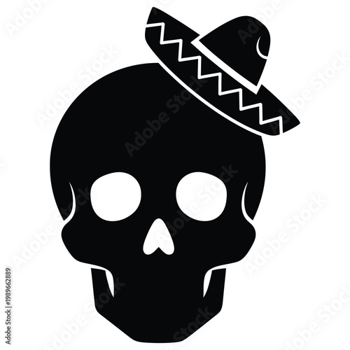 Mexican sugar skull silhouette with sombrero hat icon isolated on transparent background.
