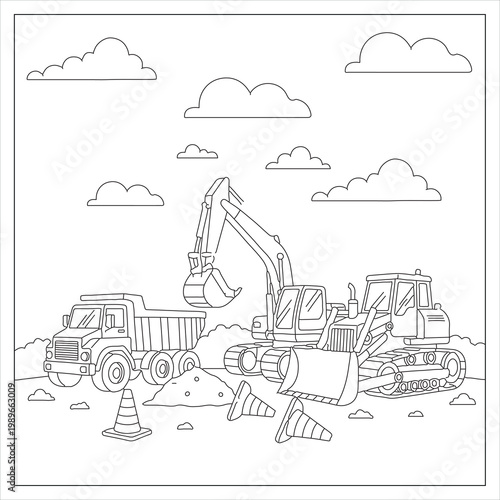 Tablou pe pânză Construction site with an excavator and various machinery depicted in a sketch s