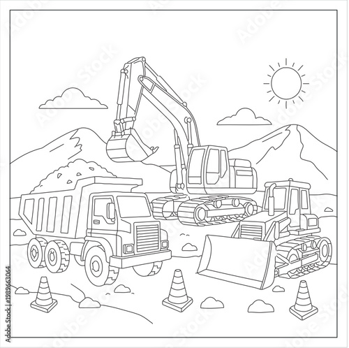 Construction site with excavator mountains and sun in a simple line drawing style