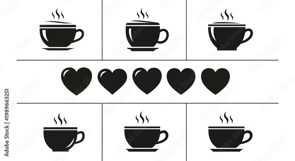 Obraz premium Set of coffee cups and hearts icons isolated on white background, simple vector illustrations for cafe or coffee shop decoration and design elements