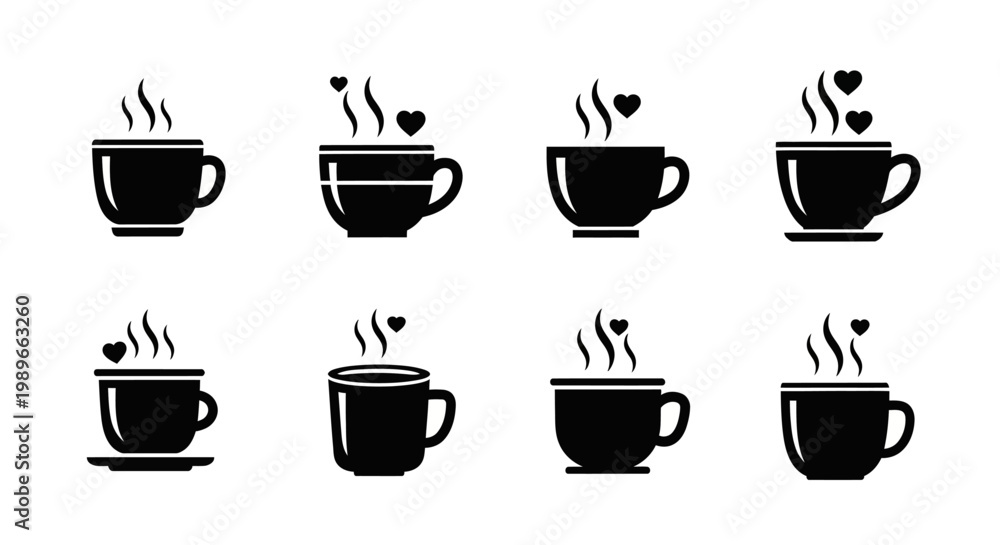 Obraz premium Coffee and tea cups with heart shaped steam icon set glyph vector illustration romantic hot beverages collection