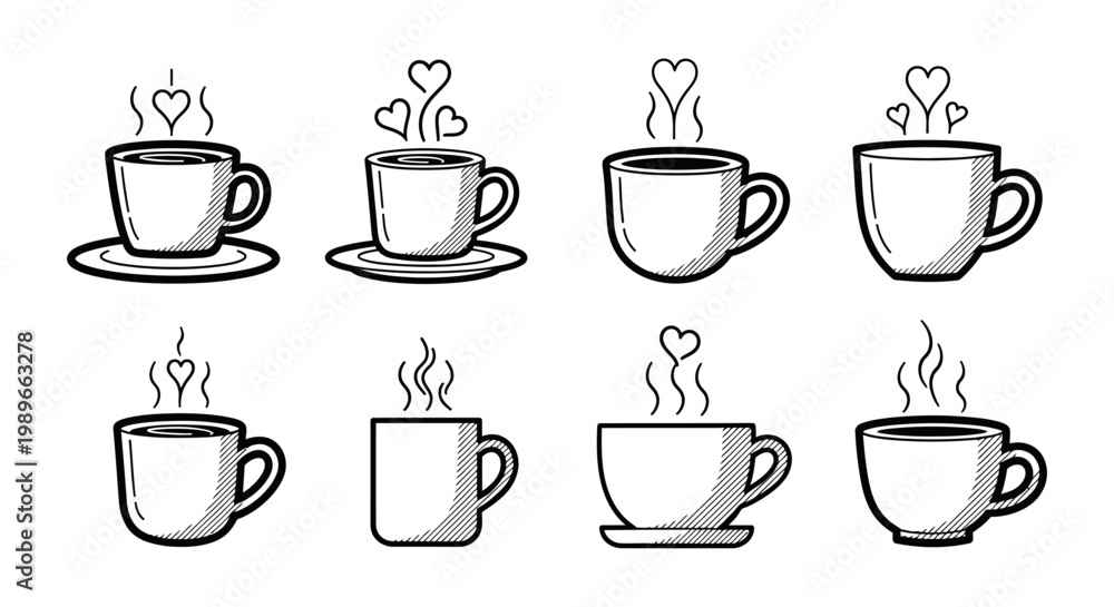 Obraz premium Hand drawn coffee cups with steam and hearts in sketch style, whimsical vector illustrations for cafe branding and creative design elements