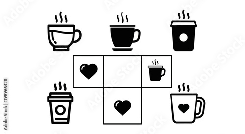 Interactive coffee shop puzzle set with mug shapes and heart symbols for cafe branding games or educational beverage activities and coffee lover logic concepts