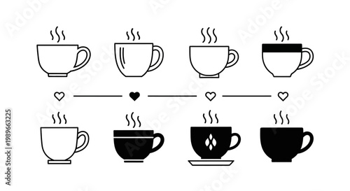 Hot drink coffee and tea cups with steam line icons set outline vector illustration warm beverage symbols collection