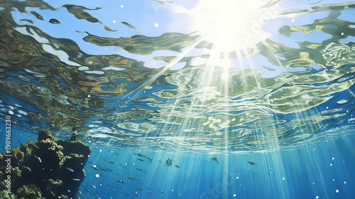 Sunlit Coral Reef Beneath Crystal Clear Ocean Waters