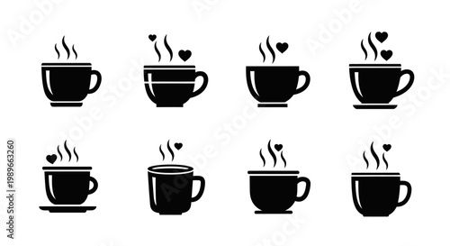 Coffee and tea cups with heart shaped steam icon set glyph vector illustration romantic hot beverages collection