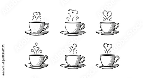 Six classic coffee cups with heart shaped steam icons representing love and warmth in detailed engraving vector style