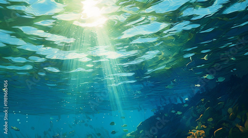 Sunlit Coral Reef Beneath Crystal Clear Ocean Waters