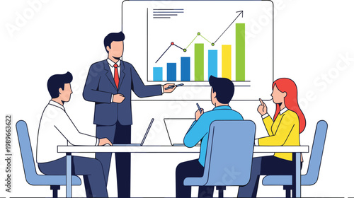 Business team meeting analyzing financial growth chart strategy planning corporate discussion vector illustration