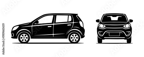 Clean black and white illustration of compact hatchback car shown from side and front views, automobile design reference concept, minimal graphic style
