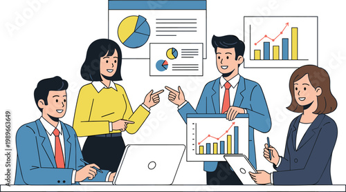 Business team discussing analytics reports charts and financial data strategy planning corporate meeting vector illustration