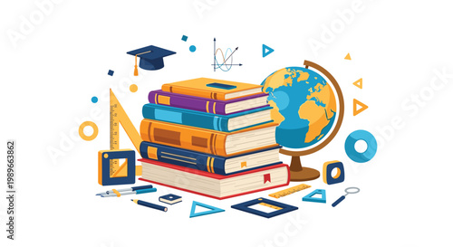 Vibrant educational illustration features a stack of colorful books surrounded by a globe graduation cap and various school supplies.