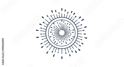 Ornate circular sun symbol with radiating lines and teardrop shapes is presented in a minimalist black and white style.