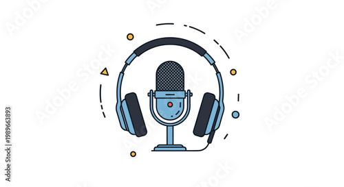 Professional condenser microphone and headphones illustration surrounded by abstract shapes for podcasting and music radio.