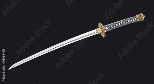 Traditional Japanese katana sword with an ornate handle and sharp blade is isolated on a dark background showing martial arts heritage.
