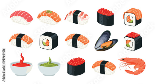 Comprehensive collection of various sushi types including nigiri and maki rolls is shown with wasabi and soy sauce in vector style.