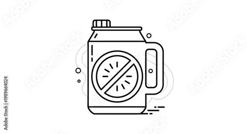 Line art icon of a pesticide or chemical spray container with a warning symbol over a plant indicates pest control or garden care.