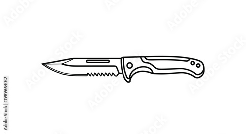 Tactical survival knife with a serrated blade and ergonomic handle is presented as a black and white line art illustration for outdoors.