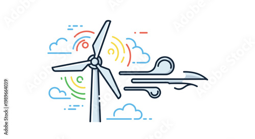 Modern wind turbine illustration uses stylized lines and colors to represent clean renewable energy production against a sky backdrop.