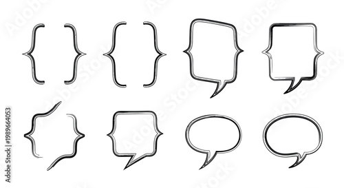 Variety of sketchy hand-drawn brackets and speech bubbles provide creative decorative frames for quotes, text, or dialogue boxes.