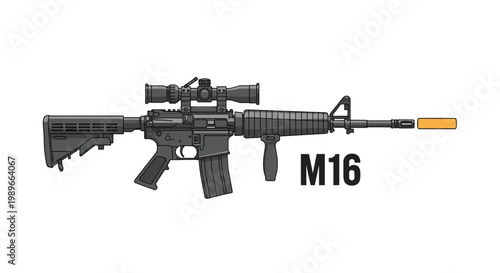 Detailed illustration of an M16 assault rifle with a scope and tactical grip includes a spent shell casing flying out from the receiver.