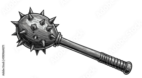 Detailed etching style drawing of a medieval spiked mace or morning star shows a weapon with a heavy head and textured wooden handle.