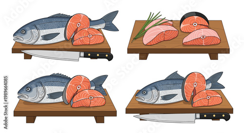 Various stages of salmon fish preparation on wooden boards include the whole fish, cut steaks, and a professional kitchen knife.