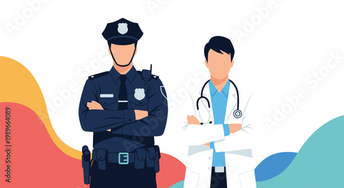 Policeman in a blue uniform and a doctor in a white lab coat stand side by side with crossed arms as symbols of essential service workers.