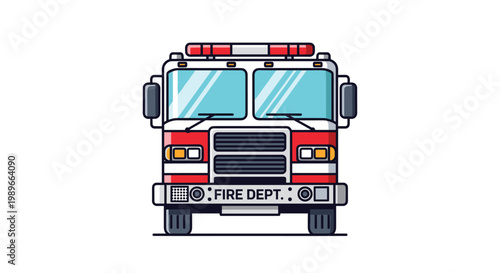 Front view of a classic red and white fire engine is depicted in a clean vector illustration for emergency service themes or toys.