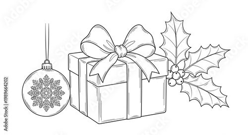 Christmas gift box with a large ribbon bow shown alongside a festive holiday ornament and a sprig of holly with berries.