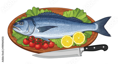 Beautifully prepared cooked fish platter served with fresh tomatoes, lemon slices, and lettuce on a wooden board with a kitchen knife.