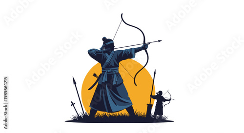 Heroic silhouette of an archer aiming a bow and arrow against a large orange setting sun with grass and additional spears around.