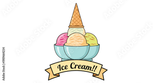 Delicious ice cream display featuring colorful scoops in bowls with an upside down cone on top and a festive banner saying ice cream.