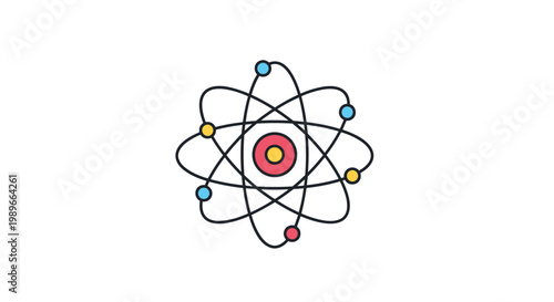 Scientific atom icon featuring a central nucleus with orbiting electrons shown in vibrant blue, yellow, and red colors on a white background.