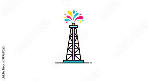 Modern oil derrick or drilling rig icon featuring colorful liquid splashes coming from the top representing fuel and energy resources.