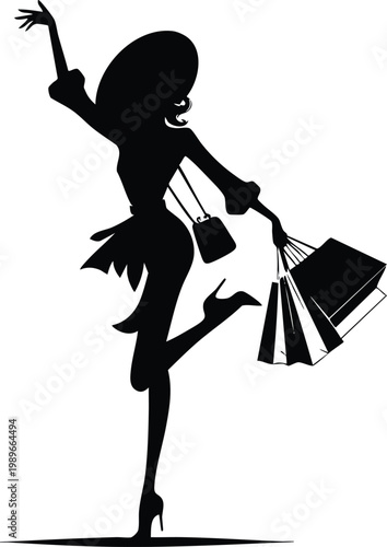 Silhouette of a happy woman with shopping bags celebrating consumerism and fashion isolated on white background
