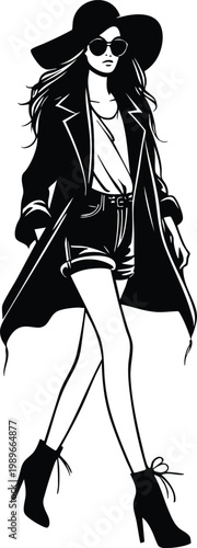 Fashionable woman in hat and sunglasses walking in stylish outfit vector illustration for fashion blogs and magazines