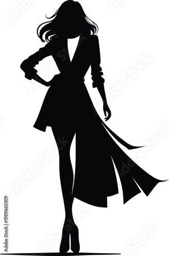 Elegant fashion silhouette of a woman in a dress and coat standing confidently with hand on hip isolated on white background for design