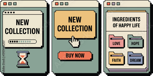 Pixel art web browser windows with inspirational quotes and new collection ads