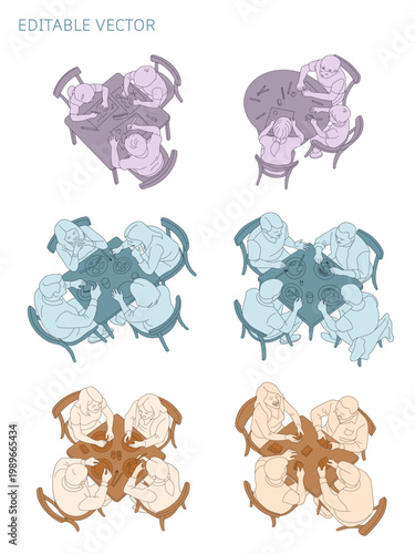 A gathering of people having lunch, dinner, drawing, and playing games. Editable vector illustration in colors.