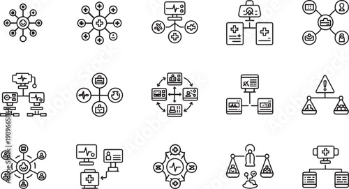 Digital Healthcare and Medical Technology Black Line Icon Set