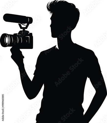 Silhouette of a videographer holding a professional camera with a microphone isolated on white background concept for content creation and filmmakin