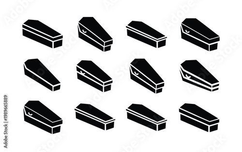 Black and white minimalist vector illustration showcasing a grid of twelve coffins in varying sizes and styles arranged neatly in three rows