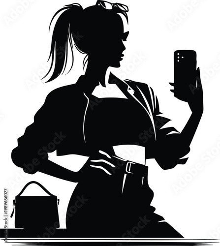 Silhouette of a stylish woman taking a selfie with her smartphone modern fashion concept for social media and lifestyle