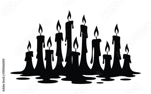 Black silhouettes of melting candles with flickering flames eerie and minimalist vector style isolated on white background