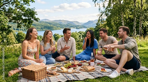 A group of friends enjoys a sunny outdoor picnic in a scenic meadow near a lake, sharing food, laughter, and conversation while relaxing on a blanket surrounded by nature.