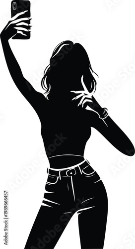 Silhouette of a woman taking a selfie with a smartphone modern fashion style isolated on white background for social media and lifestyle concepts