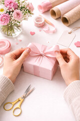 Close-up of hands wrapping gift with ribbon on table, Mother’s Day celebration concept, clean workspace, soft natural light.